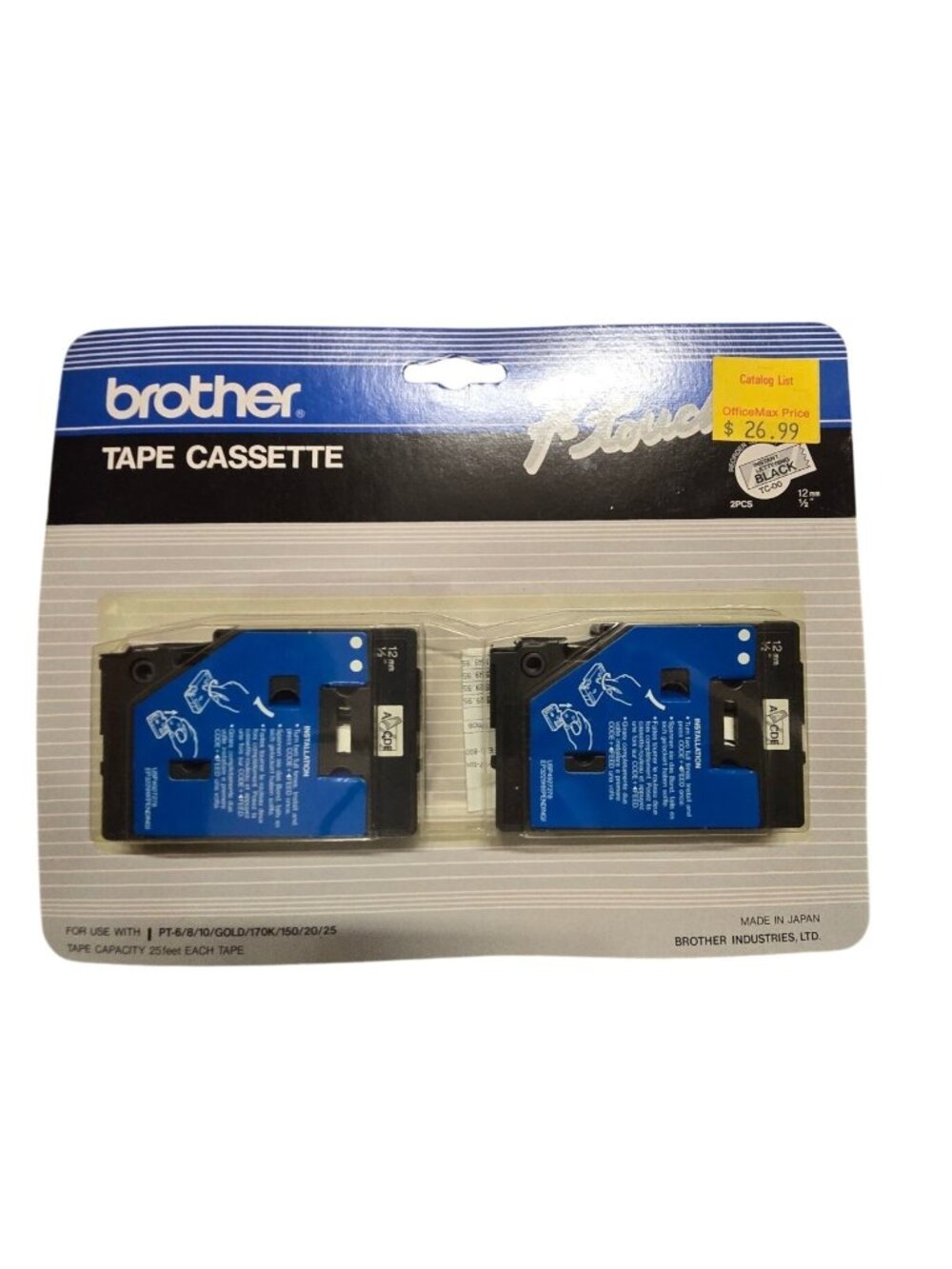 Brother P-Touch Tape Cassette Black On White 12mm 1/2"